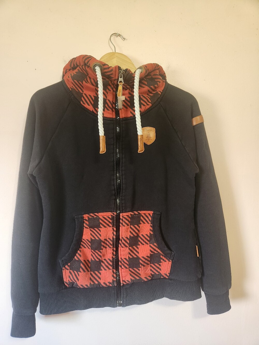 Wanakome Womens Full Zip Hoodie Medium Black Red Buffalo Plaid Cowl Neck Cozy